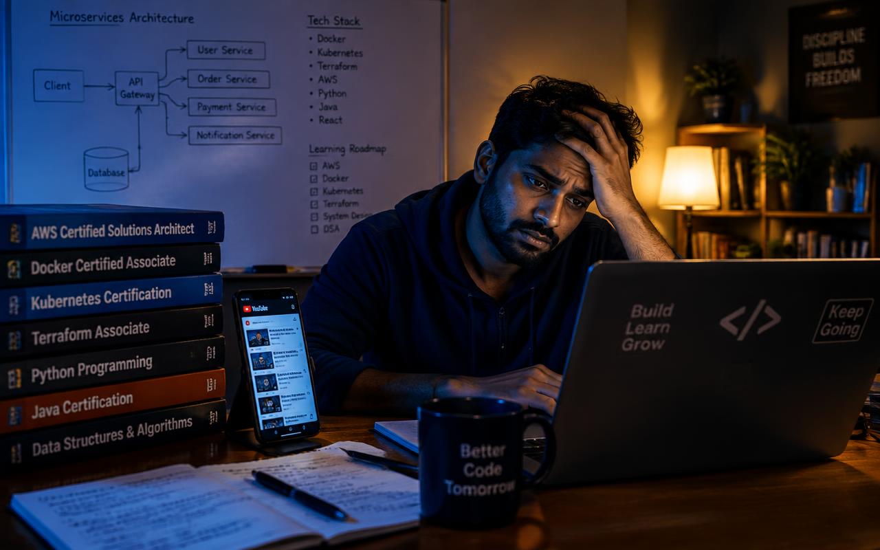 Professional surrounded by certification books and courses